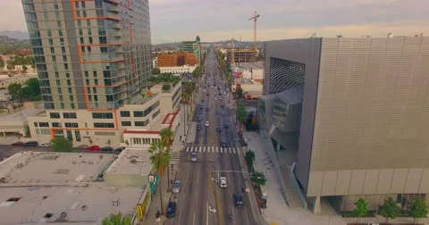 Aerial shot of Sunset Boulevard with a view on modern architecture buildings Stock Footage 56418178