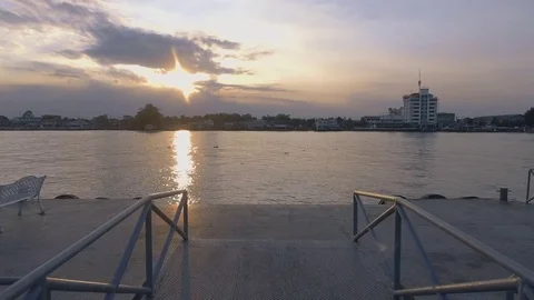 Aerial shot of sunset in river Stock Footage 74660485