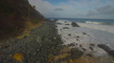 Aerial shot sweeping past rocks on paradise island Fernando de Noronha, Brazil 스톡 동영상 61411053