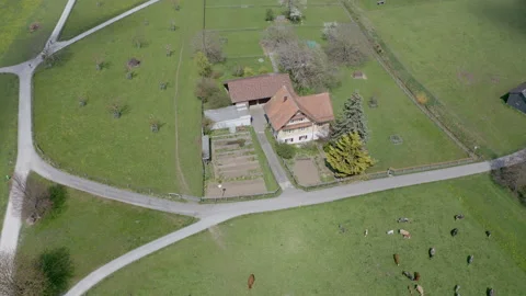 Aerial shot of Swiss Farm in Kilchberg, Switzerland. Stock Footage