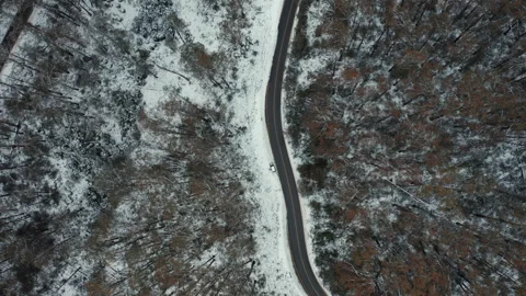 Aerial shot top down view of car driving in snow forest at Falls Creek Video stock 157396625