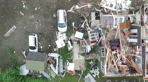 Aerial shot of tornado damage aftermath, looking straight down at wreckage Video stock 56281499