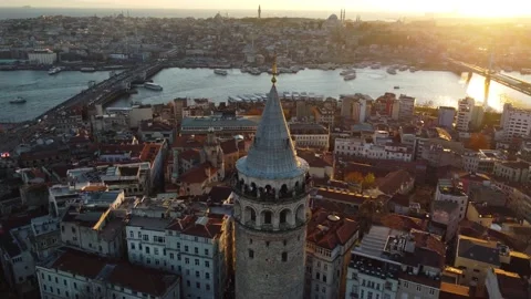 Aerial shot towards Galata Tower during sunset, Istanbul, Turkey 4K Stock Footage 166321208