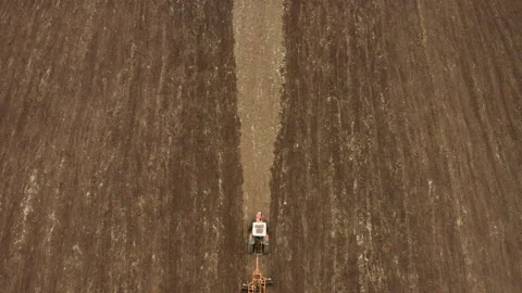 An aerial shot of a tractor pulling a spike harrow on a large agricultural field Stock Footage 142201304
