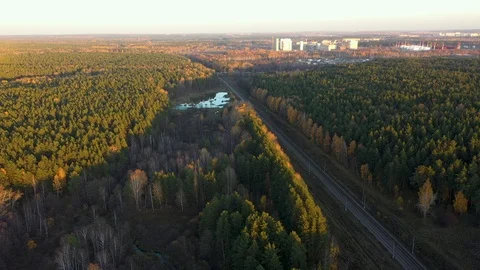 Aerial Shot Of train driving through countryside in autumn in forest 스톡 동영상 121583306