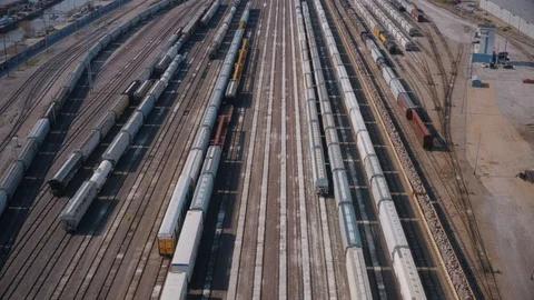 Aerial shot of a train yard Stock Footage