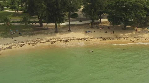 Aerial shot of trash &amp; garbage on beach ,East Coast Park, Singapore Stock Footage 137280571