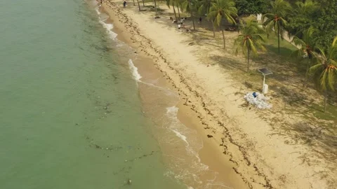 Aerial shot of trash &amp; garbage on beach ,East Coast Park, Singapore Stock Footage 137280583