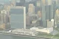 Aerial shot of the United Nations Building on the East River Footage
