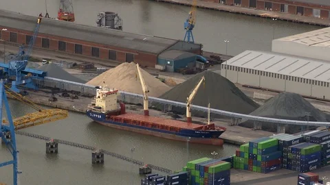 Aerial shot, Unloading Clipper Cargo Ship, Hull Docklands Stock Footage 105913031