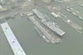 Aerial Shot of the USS Intrepid museum on the Hudson River Footage