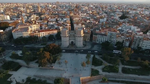 Aerial shot of Valencia with Serranos Towers, Spain Stock Footage