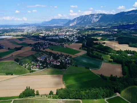 Aerial shot of a various fields around Geneva countryside Stock Footage 80215339