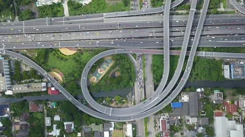 Aerial shot view from the drone on the road junction Stockbeeldmateriaal 77982875