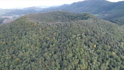 Aerial shot of a volcano in Fall.  Volcà de Santa margarida, Garrotxa Stock Footage 140290722