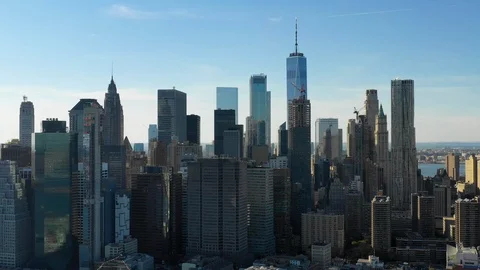 Aerial shot of the Wall street, lower Manhattan above East River in New York Stock Footage 123710795