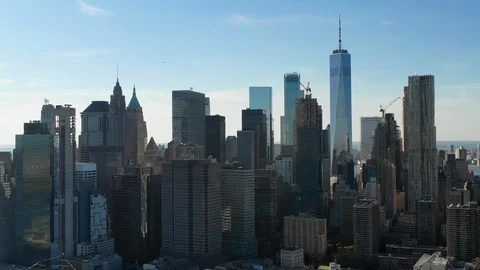 Aerial shot of the Wall street, lower Manhattan above East River in New York Stock Footage 123711155