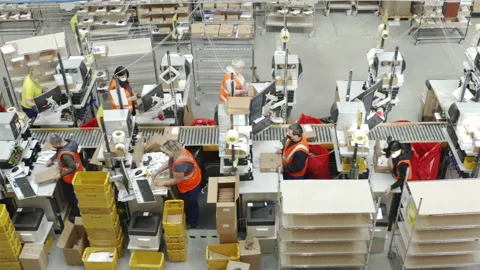 Aerial Shot Of Warehouse Workers Distributing Shipping Parcels For Courier Stock Footage 151650871