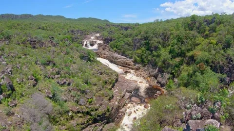 Aerial shot of  Of  Waterfall At Canyon Falls, Brasil - zoom in smooth Stock Footage