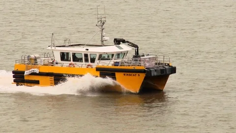 Aerial shot, Windcat Catamaran Work Boat Liverpool 스톡 동영상 98823780