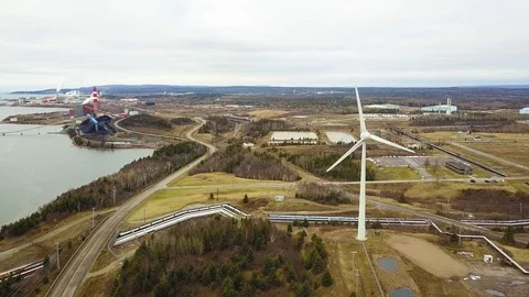 Aerial shot of windmill in Canada during winter,  Nova Scotia, Canada Stock Footage 102247495