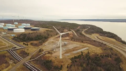 Aerial shot of windmill during winter,  Nova Scotia, Canada Stock Footage 102246553