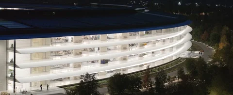 Aerial shot of worker running through One Apple Park Stock Footage 112855754
