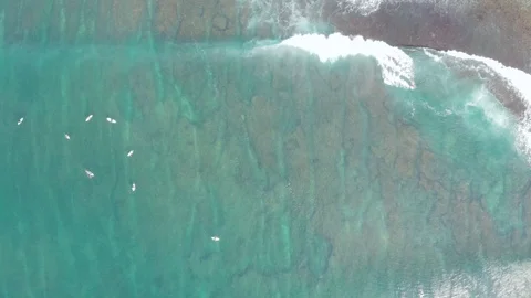 Aerial showing tiny surfers and reef patterns in Uluwatu Bali 4K Drone Footage Video stock 103222359