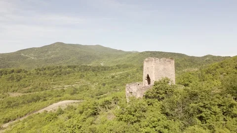 Aerial side close up view Chekili Tower. Hidden Medieval Outpost in Kakheti.. Stock Footage 309204158