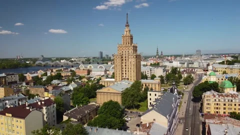 Aerial Side Pan of Soviet Science house in Riga city centre, June 2023 Stock Footage 277346464
