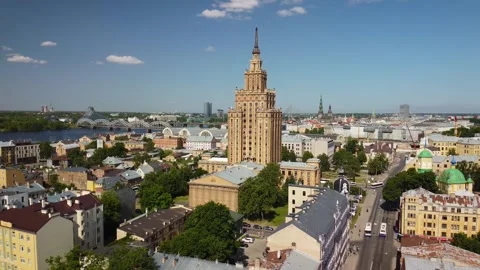 Aerial Side Pan of Soviet Science house at Riga city centre, June 2023 Stock Footage 277346473