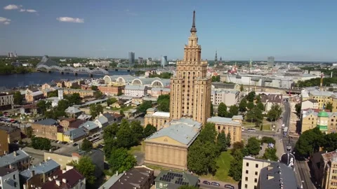 Aerial Side Pan of Soviet Science house in Riga City centre, June 2023 Stock Footage 277346474