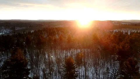 Aerial side pan of wintery forest at sunset in Canada Stock Footage 71484304