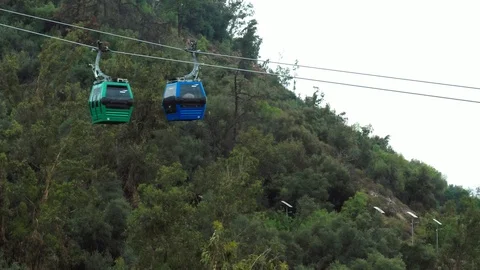 AERIAL SIDE SHOT OF CABLE CAR AERIAL TRAMWAY WITH TREES AROUND THEM 4K Stock Footage 102397930