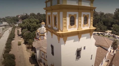 Aerial side shot of the Conservatory of Dance and Music of Seville, Spain Stock Footage 40420598