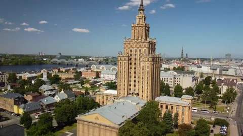 Aerial Side Towards of Soviet Science house in Riga city centre, June 2023 Video stock 277346540