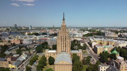 Aerial Side Towards of Soviet Science House in Riga city centre 2, June 2023 Stock Footage 277346608