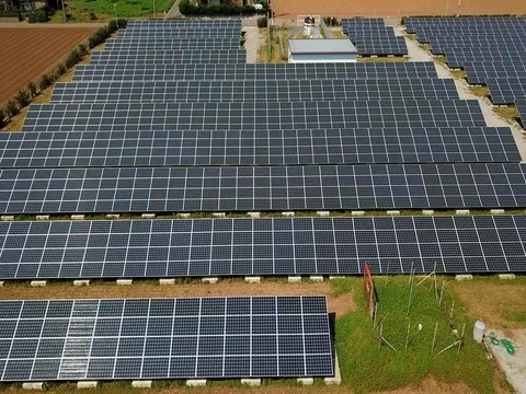 Aerial side tracking shot of solar panels Stock Footage 80077841