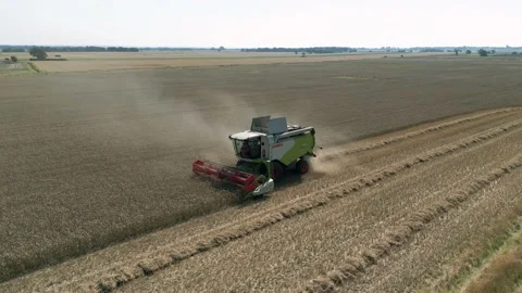 Aerial side tracking view clip of a combine harvester harvesting wheat Stock Footage 205330601