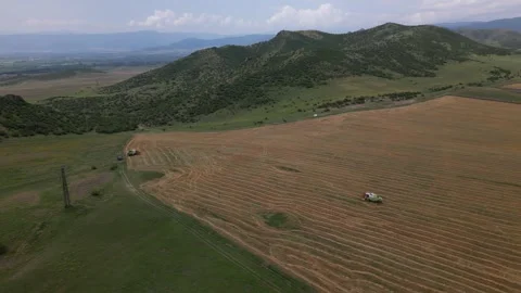 Aerial side view close up one harvester machine cultivates field in summer .. Stock Footage 277566773