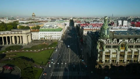 Aerial side view of the highway, main street, Kazan Cathedral in the historical Stock Footage 207320760