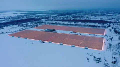 Aerial side view of large industrial greenhouses for growing plants in winter Video stock 149138906