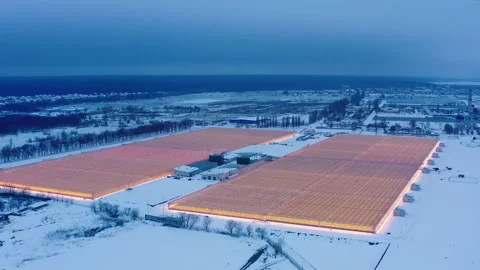Aerial side view of large industrial greenhouses for growing plants in winter Video stock 149206576