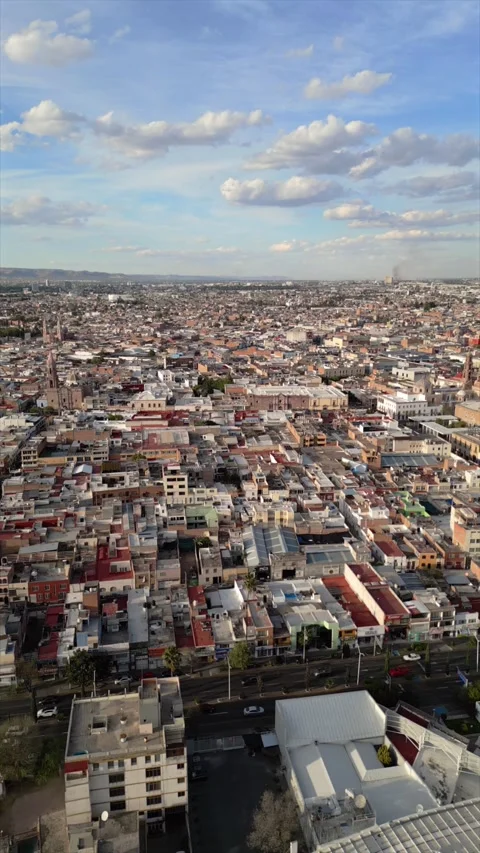 Aerial side view of the main streets of downtown Aguascalientes Stock Footage 342089707
