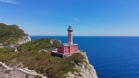 Aerial Side View Punta Carena Lighthouse Capri Open Tyrrhenian Sea Italy Stock Footage 337817921