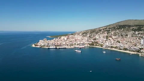 Aerial Sideways Drone Movement Over Saranda Bay and Waterfront, Albania 库存影片 336545176