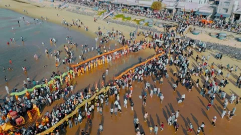 Aerial Sideways View of Thousands Gathering for Nghinh Ong Festival Vietnam Stock Footage 334329807