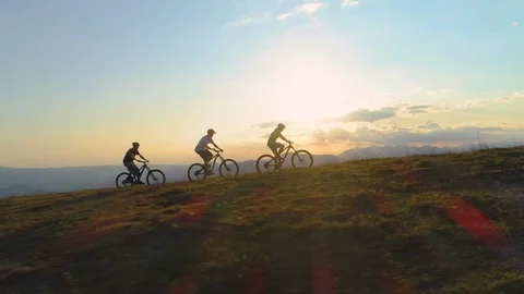 AERIAL SILHOUETTE: Fit tourists riding bicycles along a grassy path on sunny day Stock Footage