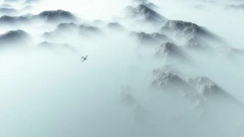 Aerial of single engine airplane over mountain range in thick layer of mist. Stock Illustration
