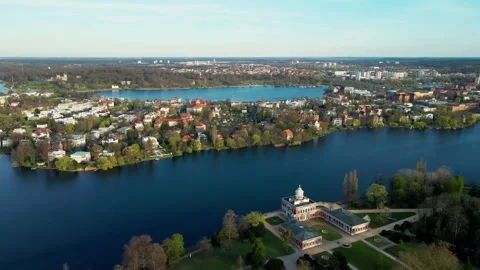 Aerial sink flight of Mamorpalais and lake Heiliger See in Potsdam, Germany Stock Footage 285848853